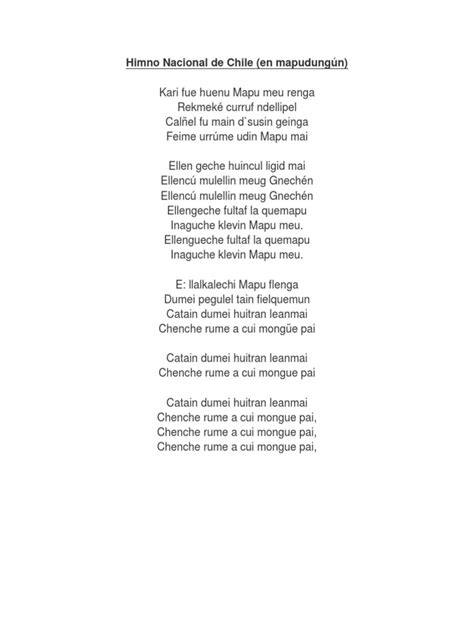 LETRA Himno Nacional de Chile EN MAPUDUNGUN | PDF
