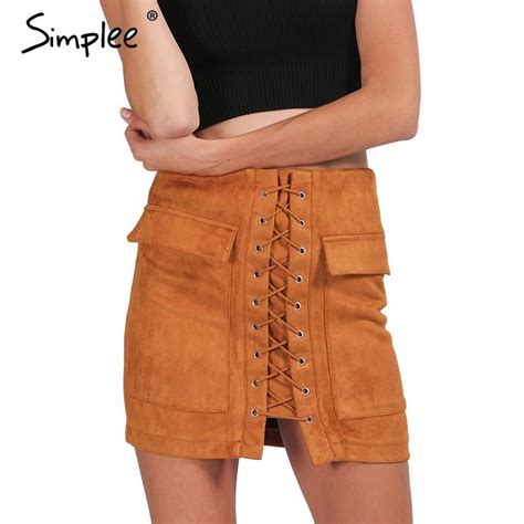 Simplee Apparel Autumn Lace Up Suede Leather Women Skirt 90s Vintage Pocket Lace Up Suede