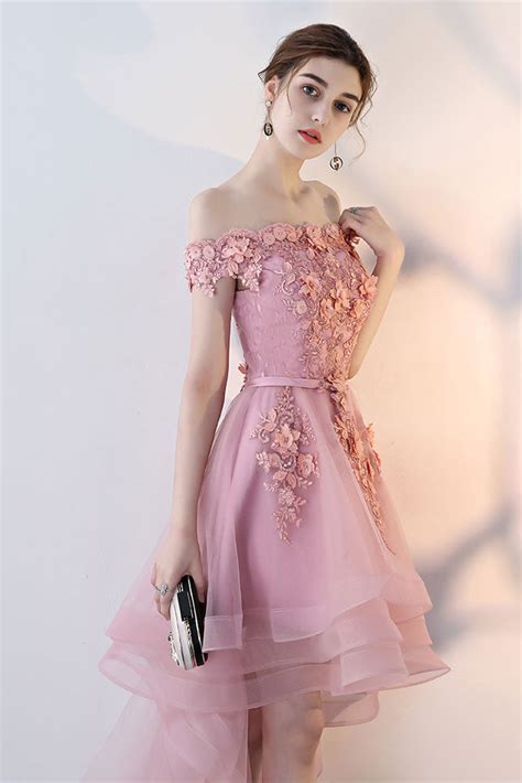 Pink Tulle Lace Off Shoulder Short Prom Dress Pink Homecoming Dress Dresstby