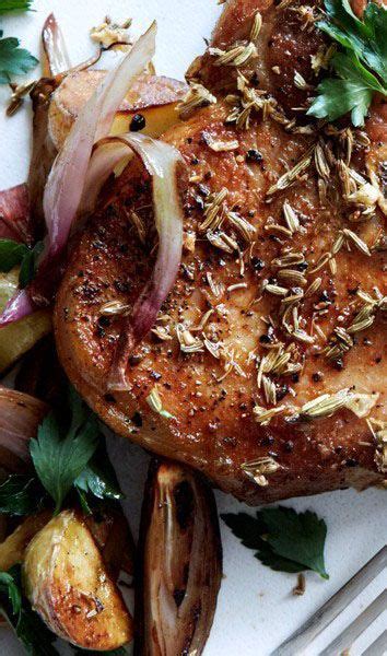 Place the potatoes in the bottom of a roasting pan, evenly spaced apart. Fennel-Crusted Pork Chops with Potatoes and Shallots ...