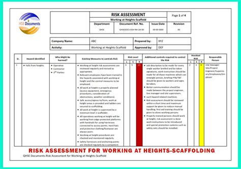 Risk Assessment For Working At Heights Scaffolding Hse Documents