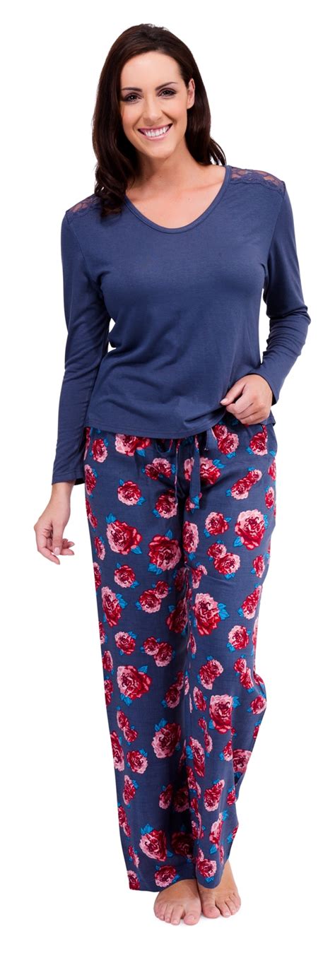 Womens Soft Luxury Jersey Pyjamas Long Sleeved Floral Lace Pjs Ladies Size 8 18 Ebay
