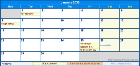 January 2030 Uk Calendar With Holidays For Printing Image Format