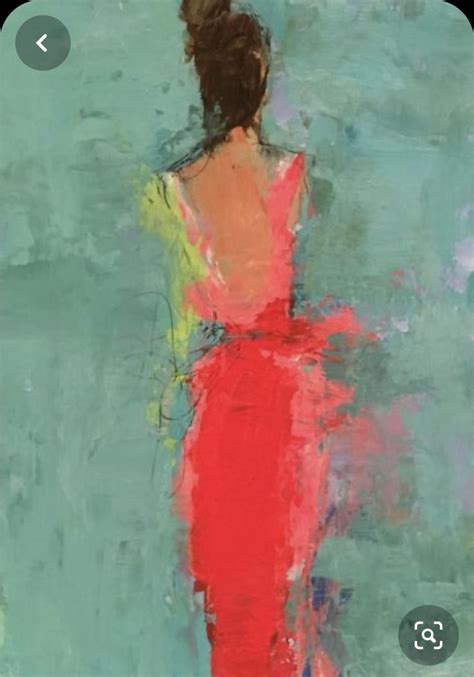 A Painting Of A Woman In A Red Dress Looking Down At The Ground With