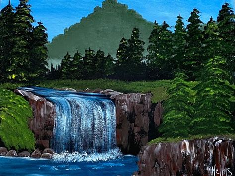 Mountain Waterfall Painting Bob Ross Style Art Scenic Etsy