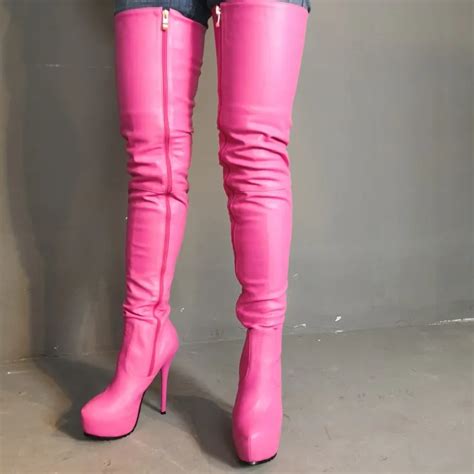 Rontic Women Platform Thigh High Latex Boots Sexy Stiletto High Heels