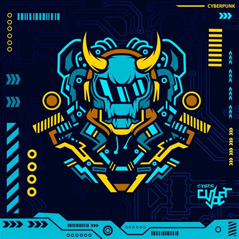 Robot Skull In Neon Cyberpunk Blue Design With Dark Background