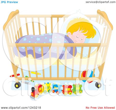 Clipart Of A Blond Caucasian Toddler Boy Sleeping In A Crib Royalty