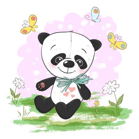 Illustration Postcard Cute Cartoon Panda With Flowers And Butterflies