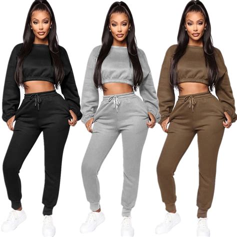 Echoine Winter Thick Fleece Hoodies Tops And Pants Two Piece Set Women