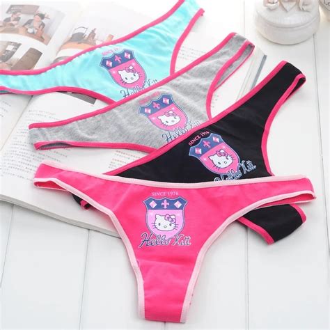 Ms Super Cute Hello Kitty Cartoon Printed Shield Mark Underwear Sexy Low Rise Thong Girl In G