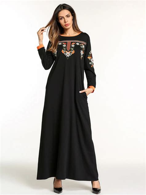 New Middle East Women S Wear Muslim Maxi Dress O Neck Embroidery Long