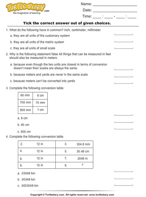 Conversion Of Units Of Length Turtle Diary Worksheet