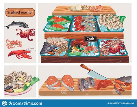 Flat Seafood Market Composition Stock Vector Illustration Of Counter