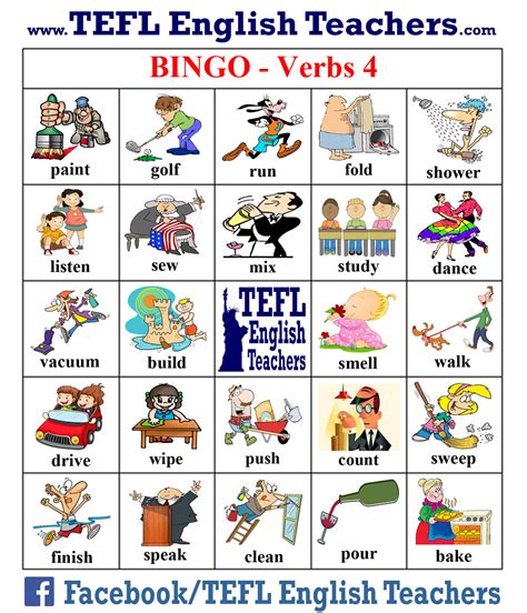 Tefl English Teachers Bingo Verbs Game Board 4 Of 20 Loteria En
