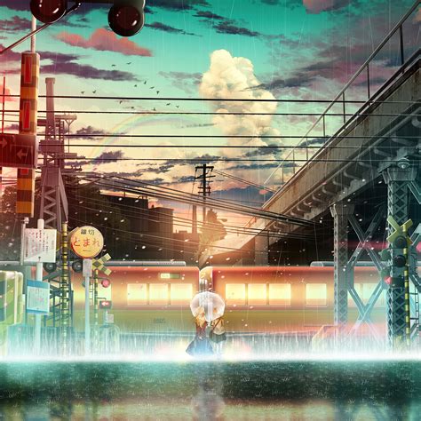 2048x2048 Anime Girl Raining Train Lines Ipad Air Hd 4k Wallpapers