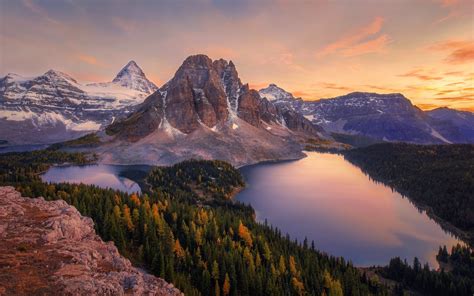 Download Wallpapers Mountain Lakes Forest Sunset Mountains Canada For Desktop With