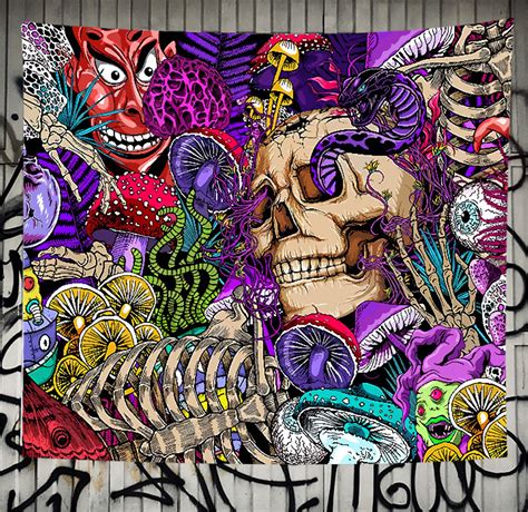 Psychedelic Skull Tapestry Trippy Mushroom Tapestry Etsy Uk