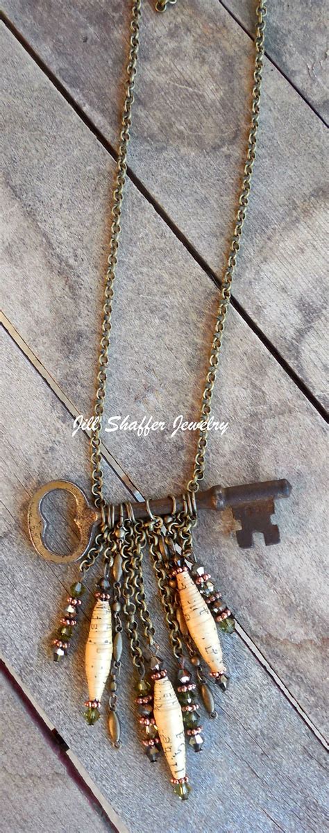 Vintage Rolled Paper Beads On Skeleton Key Necklace Artisan Jewelry
