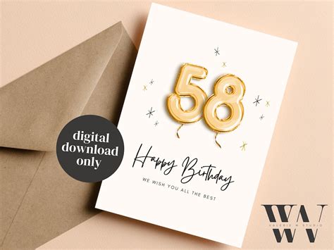 Printable 58th Birthday Card Digital 58 Birthday Card Etsy Australia