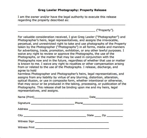 sample property release forms   ms word