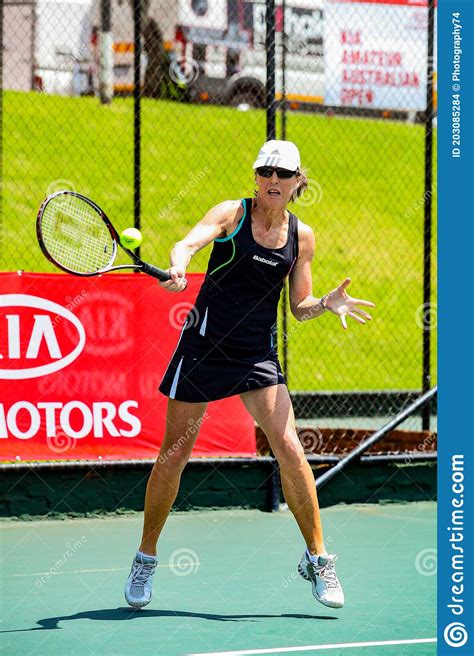 Amateur Female Tennis Player Practicing On A Sunny Day Editorial Stock