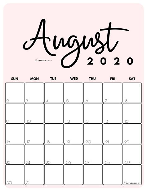 Cute And Free Printable August 2020 Calendar Saturdayt August
