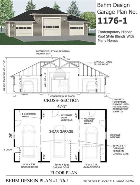 Hipped Roof Style 3 Car Garage Plan 1176 1 45′ 3″ X 26′ In 2020 3 Car