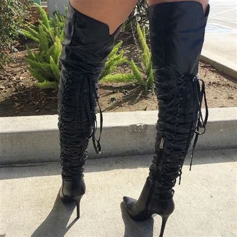soft leather thigh high pointy boots sexy thin high heel stiletto lace up over the knee boots