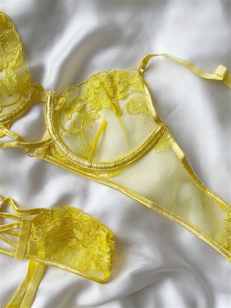 Yellow Lace Lingerie Set See Through Lingerie Sexy Etsy