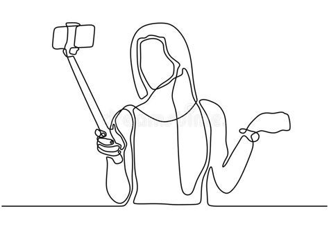 continuous one line drawing of selfie girl vector woman or person taking a picture with her