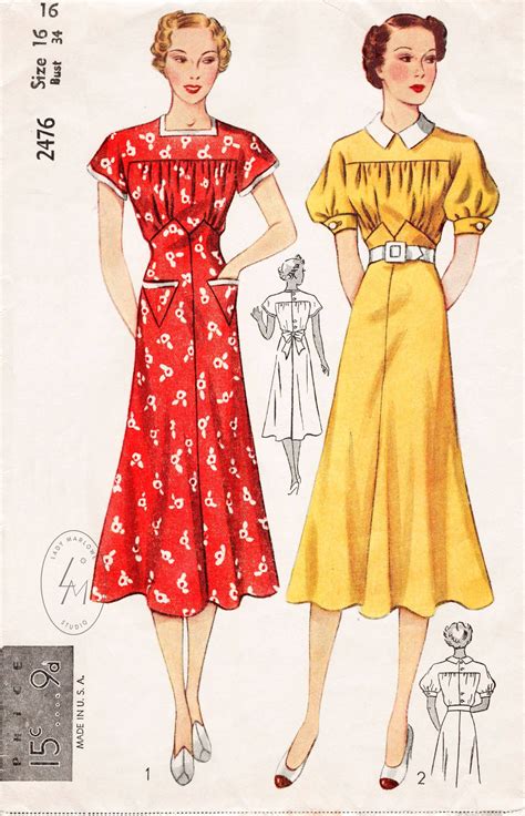 Vintage Sewing Pattern 1930s 30s Dress 2 Styles Puff Sleeves Etsy
