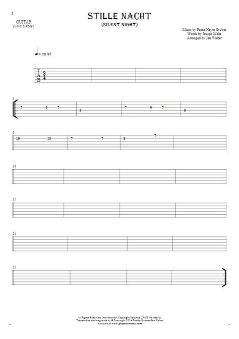 Silent Night Tablature For Guitar Melody Line Playyournotes