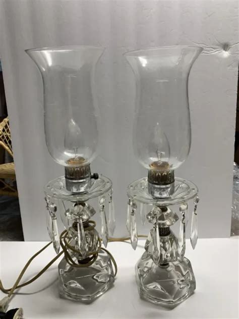 Vintage Antique Pair Of Boudoir Mantle Crystal Prisms Hurricane Table Lamps Picclick