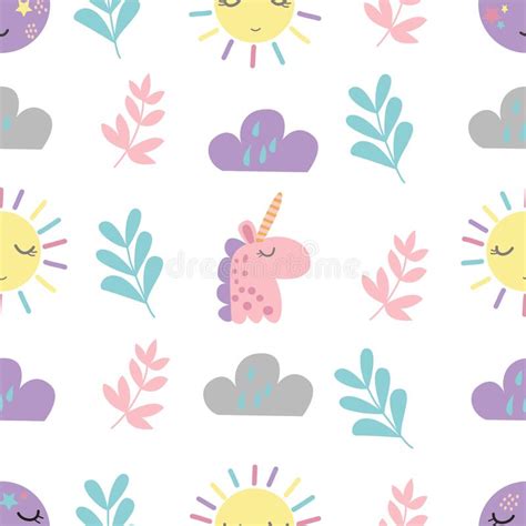 Seamless Pattern With Unicorn Clouds Sun Leaves Stock Vector