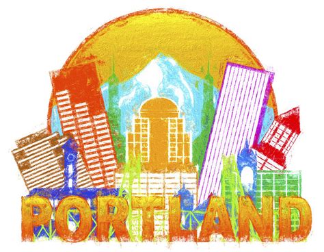 Portland Oregon Skyline Circle Color Impressionist Illustration