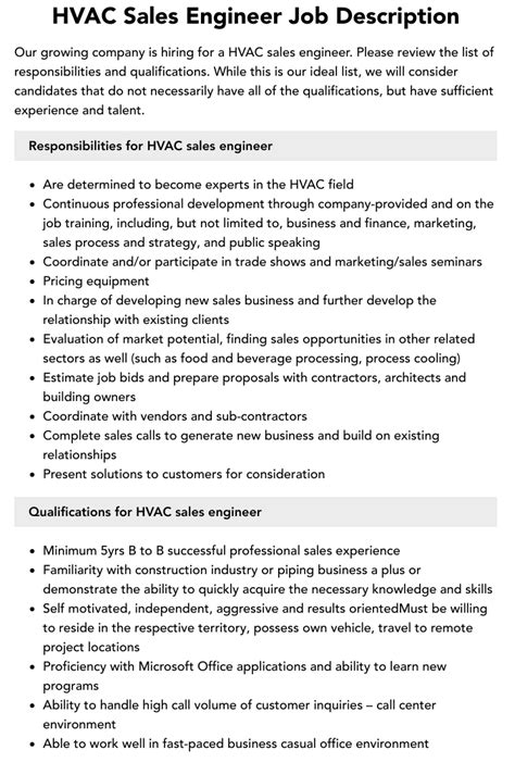 Hvac Sales Engineer Job Description Velvet Jobs