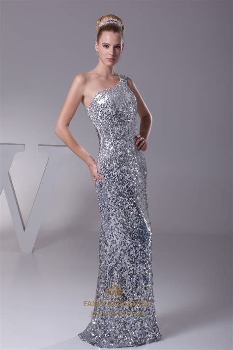 Silver Sequin One Shoulder Sheath Floor Length Prom Evening Dress
