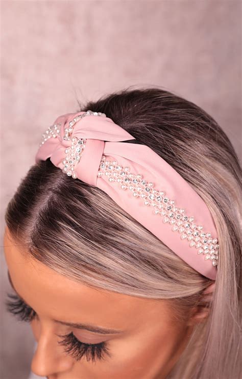 Pink Diamante Pearl Twist Front Satin Headband Accessories Femme