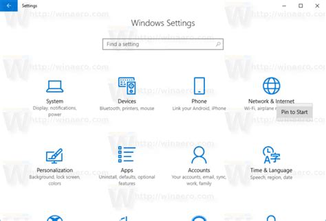 Pin Settings To The Start Menu In Windows 10