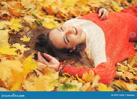 Happy Woman Autumn Portrait Lying In Autumn Leaves Stock Photo Image