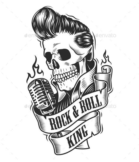 a skull holding a microphone with the words rock and roll king on it s side