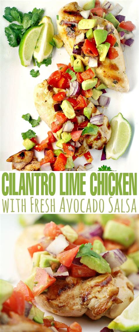 Close up of chicken with salsa. This Cilantro Lime Chicken with Fresh Avocado Salsa is ...