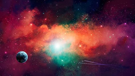 Space Scene Colorful Nebula With Earth Planet And