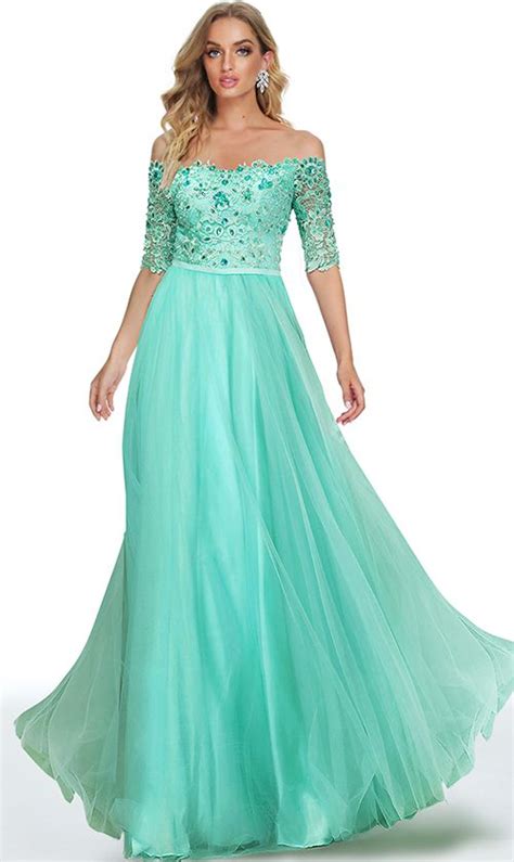 Exquisite Beaded Lace Applique Off The Shoulder A Line Tulle Prom