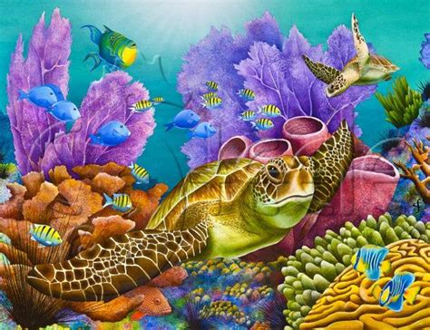 Carolyn Steele Tropical Art Print Coral Reef And Sea Turtle Tropical