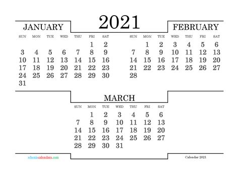 January February March 2021 Calendar Printable 3 Month Calendar