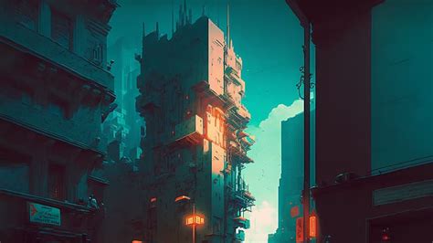 Ai Art Cyberpunk City Building Teal Illustration Hd Wallpaper