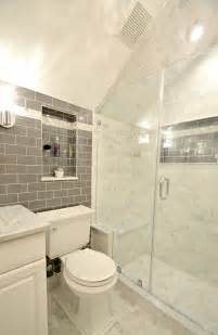 The dividing wall between the toilet and basins need not be ceiling height either and can be in the same glass bricks as the shower enclosure (illustrated. Bathroom Remodel features glass tile wall and carrara ...
