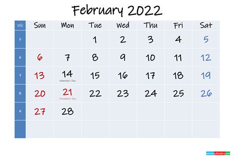 Printable February 2022 Calendar With Holidays Template K22m266